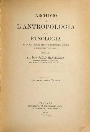 Archivio per l'antropologia e la etnologia. 19, 19. 1889