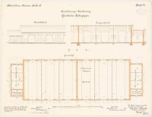 Feldartilleriekaserne, Halle/Saale: Geschützschuppen: Grundriss Erdgeschoss, Aufriss, Längsschnitt 1:100