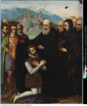 Szenen aus dem Leben von vier Benediktinerheiligen, Roger von Sanseverino kniet vor dem heiligen Petrus Pappacarbone