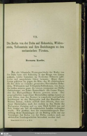 VII. Die Berka von der Duba auf Hohnstein, Wildenstein, Tollenstein und ihre Beziehungen zu den meissnischen Fürsten
