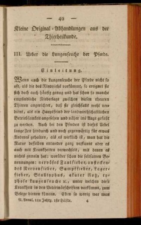 Kleine Original-Abhandlungen aus der Thierheilkunde. III. Ueber die Lungenseuche der Pferde