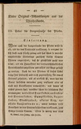 Kleine Original-Abhandlungen aus der Thierheilkunde. III. Ueber die Lungenseuche der Pferde
