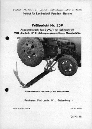 Anbaumähwerk, Typ E 092/1 mit Schneidwerk