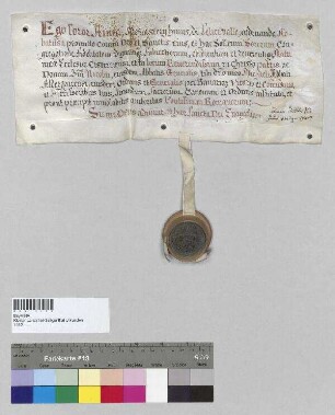 Anna [Reisacher], Äbtissin von Kloster Seligenthal, leistet gegenüber Michael [Kirchberger], Abt von Kloster Aldersbach, den Gehorsamseid (iuramentum obedientiae). S: Anna [Reisacher], Äbtissin von Kloster Seligenthal