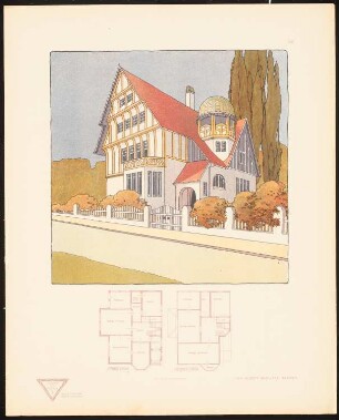 Landhaus mit Vorgarten: Grundrisse EG, 1. OG, Perspektivische Ansicht (aus: Moderne Bauformen. Fassaden, Interieurs, Details im Verein mit R. Beauclair, hrsg.v. M.J. Gradl, Bd. 2, H.7, 1903)