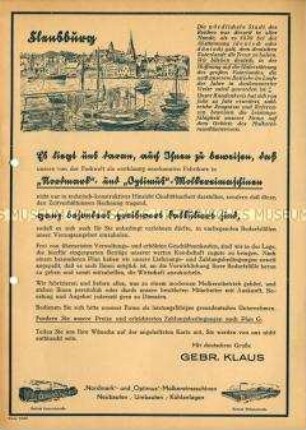 Es liegt uns daran, auch Ihnen zu beweisen, dass unsere von der Fachwelt als erstklassig anerkannten Fabrikate in "Nordmark"- und "Optimus"-Molkereimaschinen ganz besonders preiswert kalkuliert sind