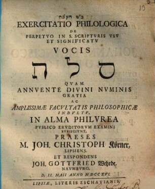 Exercitatio philol. de perpetuo in S. Scripturis usu et significatu vocis selā