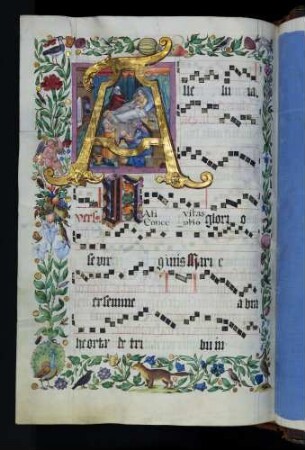 Zierseite mit Bordürenrahmen, Initiale mit Miniatur: A(lleluia): Mariengeburt