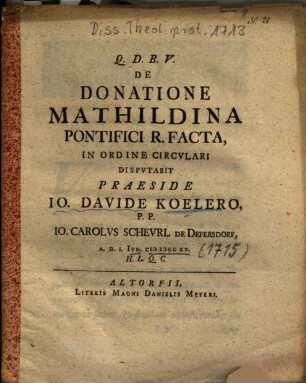 De Donatione Mathildina Pontifici R. Facta