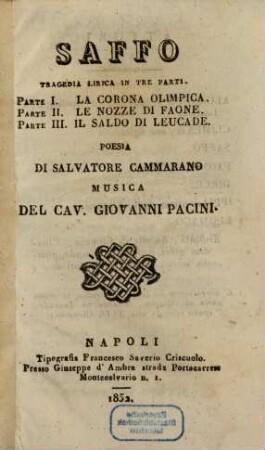 Saffo : tragedia lirica in tre parti