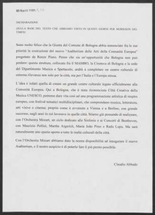 Kurzer Text von Claudio Abbado über das "Auditorium delle Arti della Comunità Europea" in Bologna