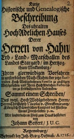 Kurtze historische und genealogische Beschreibung des Hauses derer von Hahn