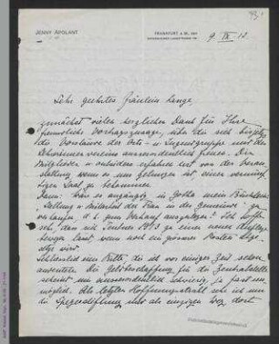 Brief von Jenny Apolant an Helene Lange