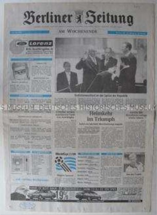 Fragment der "Berliner Zeitung" u.a. zum Amtsantritt von Roman Herzog als Bundespräsident und zur Rückkehr von Yasser Arafat nach Palästina