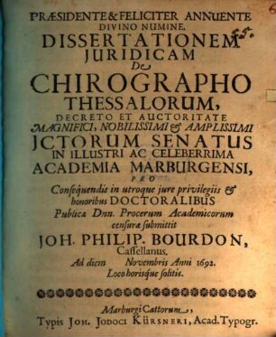 Dissertationem iur. de chirographo Thessalorum