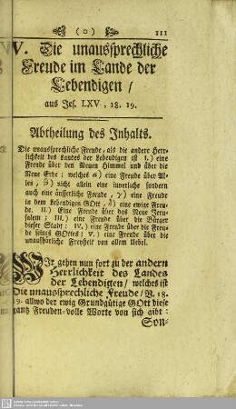 V. Die unaussprechliche Freude im Lande der Lebendigen, aus Jes. LXV, 18. 19
