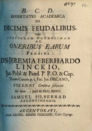 Diss. acad. de decimis feudalibus : cuius portionem duodecimam de oneribus earum