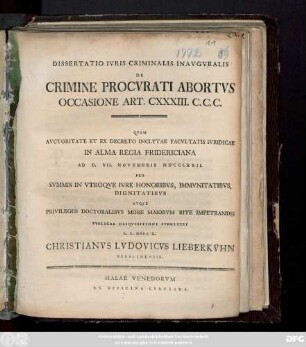 Dissertatio Ivris Criminalis Inavgvralis De Crimine Procvrati Abortvs : Occasione Art. CXXXIII. C. C. C.