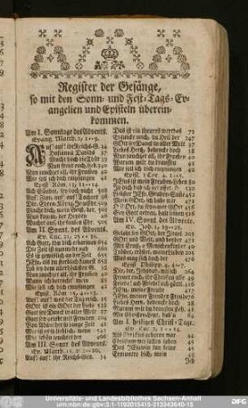 Register der Gesänge, so mit den Sonn- und Fest-Tags-Evangelien und Episteln übereinkommen.