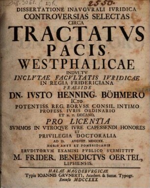 Dissertatione Inavgvrali Ivridica Controversias Selectas Circa Tractatvs Pacis Westphalicae
