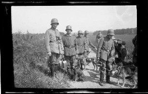 Bei Namur (Belgien): Soldaten mit Stahlhelm und "mit Hunden" auf einem Feldweg (Nahaufnahme)