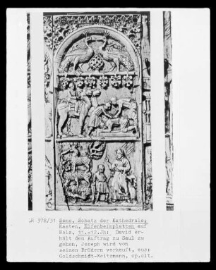 Byzantinischer Elfenbeinkasten: David erhält den Auftrag zu Saul zu gehen; Josef wird von seinen Brüdern verkauft