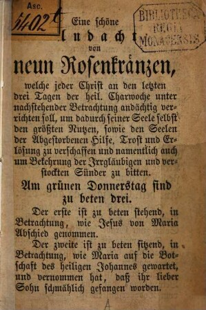 Eine schöne Andacht von neun Rosenkränzen