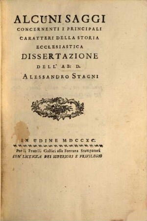 Alcuni saggi concernenti i principali caratteri della storia ecclesiastica