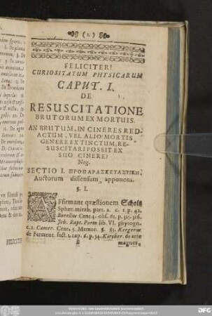 Caput I. De Resuscitatione Brutorum Ex Mortuis.
