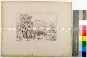 Blatt 8 Szene einer Schlacht an einer Brücke unterhalb eines Berges aus der Folge "Bilder aus dem Lieutenantsleben. Erinnerung an Rudolph von Uthmann"