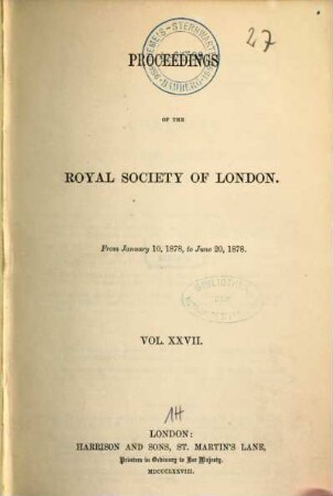 Proceedings of the Royal Society. 27, 27. 1878