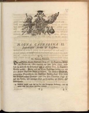 Magna Catharina II. Sapiensque Armis & Legibus.