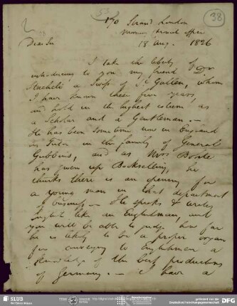 Eigenh. Brief von John Black an August Wilhelm von Schlegel, London, 18.08.1826