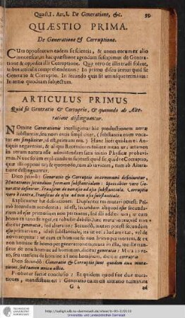 QUAESTIO PRIMA. De Generatione & Corruptione.