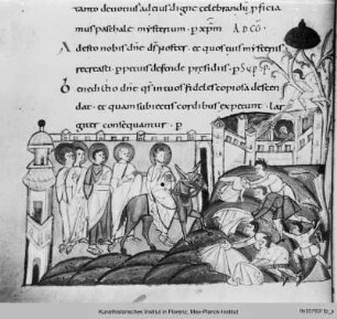 Sakramentar : Buchseite mit Text und Miniatur am unteren Seitenabschluss