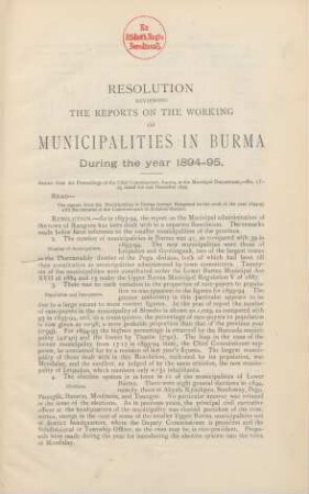 Resolution reviewing the reports on the working of municipalities in Burma during the year 1894-95