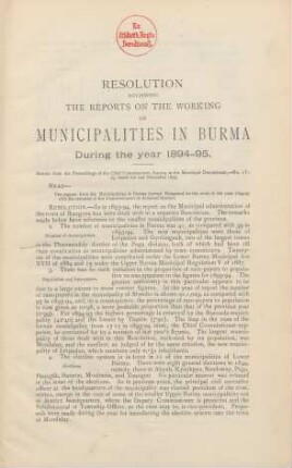 Resolution reviewing the reports on the working of municipalities in Burma during the year 1894-95