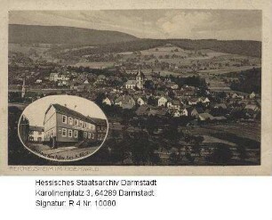 Reichelsheim im Odenwald, Panorama / unten links in Medaillon: Ansicht des Gasthauses 'Zum Adler' (Inhaber A. Würz)
