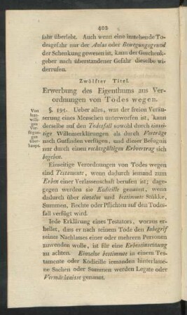 Zwölfter Titel. Erwerbung des Eigenthums aus Verordnungen von Todes wegen
