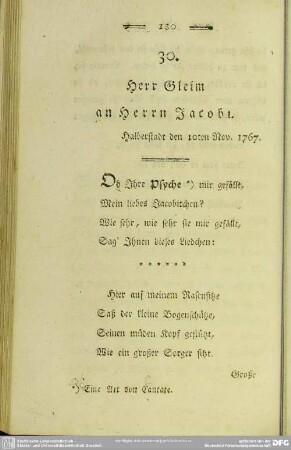 30. Herr Gleim an Herrn Jacobi. Halberstadt den 10ten Nov. 1767