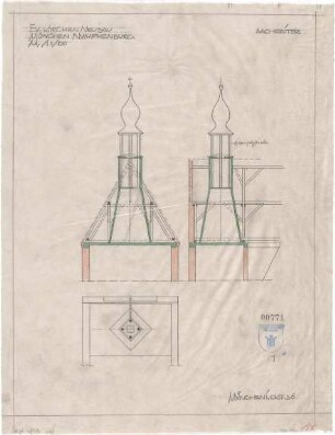 Bestelmeyer, German; München - Nymphenburg; Ev. Stephanuskirche - Dachreiter (Ansicht, Schnitte)