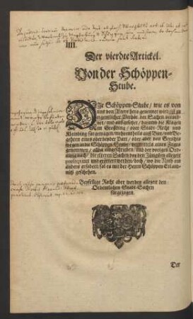 Der vierdte Artickel. Von der Schöppen-Stube.