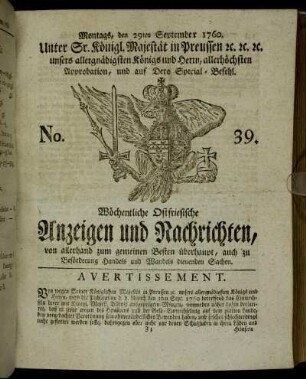 No. 39. Montags, den 29ten September 1760.