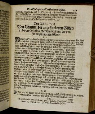 Der XXXI. Titul. Von Theilung der angestorbenen Güter, und von Collation oder Einwerffung der vorhin empfangenen Güter.