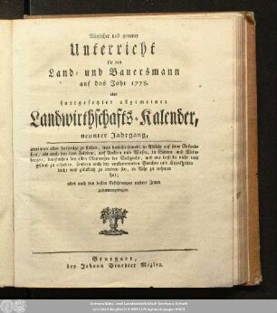 9.1778: Nützlicher und getreuer Unterricht für den Land- und Bauersmann : auf das Jahr ...