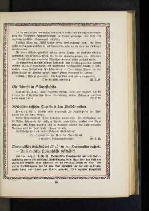 Das englische Unterseebott "E 15" in den Dardanellen versenkt. - Zwei englische Panzerschiffe beschädigt.