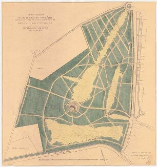 Erweiterungsplanung Volkspark Jungfernheide (Nordostteil), Berlin-Wedding: gesamter nordöstlicher Erweiterungbereich im Grundriss, mit Höhenlinen 1:2000, Maßstabsleiste, Stempel