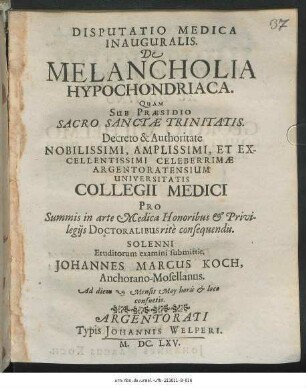 Disputatio Medica Inauguralis De Melancholia Hypochondriaca
