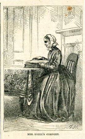 Mrs. Sorel's comfort : eine Frau sitzt an einem Tisch und liest
