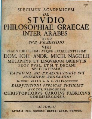 Specimen Academicvm De Stvdio Philosophiae Graecae Inter Arabes